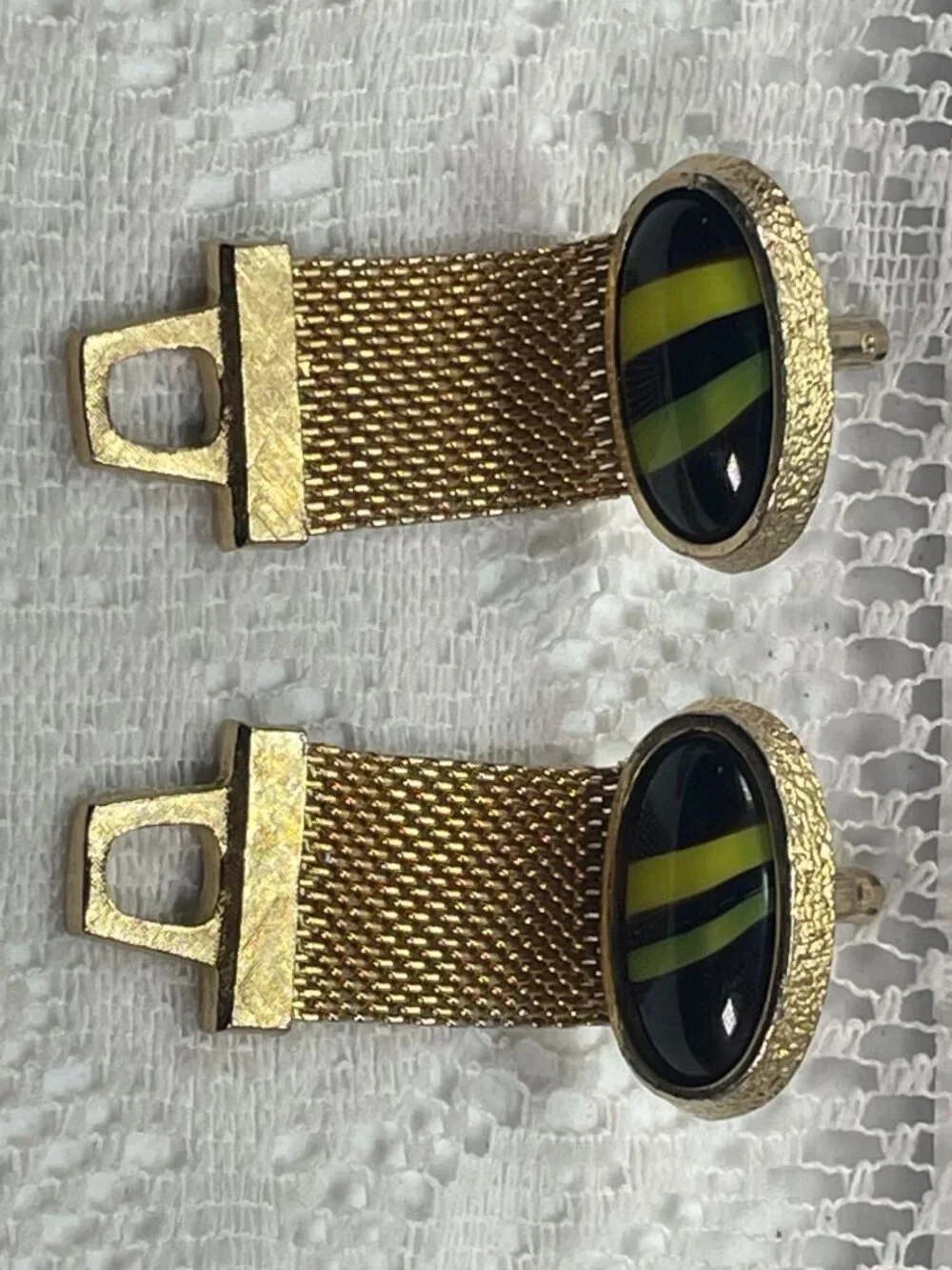 Vintage HICKOK Gold Mesh Wrap Cufflinks Black Green Atomic Glass Cabochon MCM